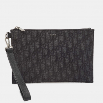 Pre Owned Dior Black Oblique Canvas and Leather Zip Slim Pouch
