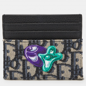 Pre Owned Dior x Kenny Scharf Blue/Black Oblique Canvas and Leather Embroidered Card Holder
