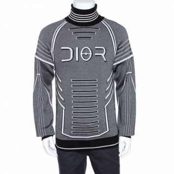 Pre Owned Dior and Sorayama Monochrome Intarsia Technical Wool Turtleneck Sweater XL