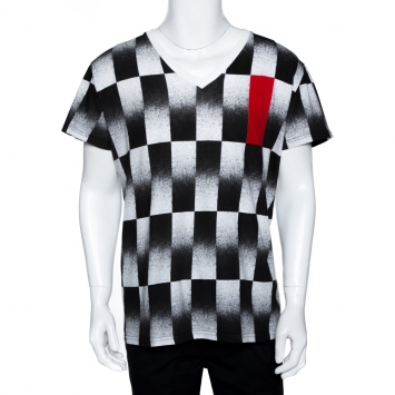 Pre Owned Dior Homme Monochrome Checker Print Cotton V Neck T-Shirt L