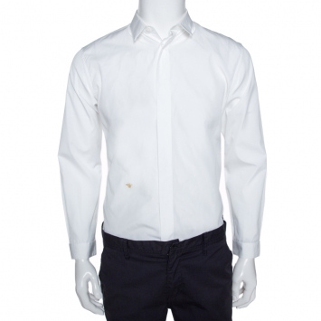 Pre Owned Dior Homme White Bee Embroidered Cotton Long Sleeve Shirt M