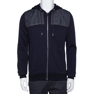 Pre Owned Dior Homme Navy Blue Cotton Denim Trim Zip Front Hooded Jacket L