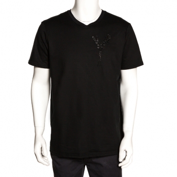 Pre Owned Dior Homme Black Cotton Floral Applique Detail Crew Neck T Shirt XL