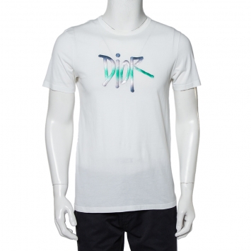 Pre Owned Dior Homme X Shawn Stussy White Cotton Logo Embroidered Crewneck T-Shirt M
