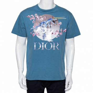 Pre Owned Dior Homme Blue Cotton Metallic Sorayama Floral Logo Crewneck T-Shirt M