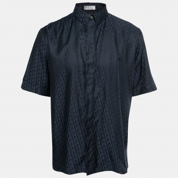 Pre Owned Dior Navy Blue Logo Jacquard Silk Button Front Short Sleeve Shirt L