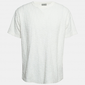 Pre Owned Dior Homme White Logo Jacquard Knit Cotton T-Shirt L