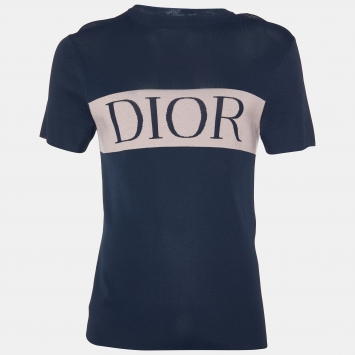 Pre Owned Dior Homme Midnight Blue/Pink Logo Knit Crew Neck T-Shirt S