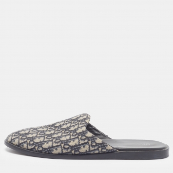 Pre Owned Dior Size 46  Oblique Embroidered Canvas Flat Mules