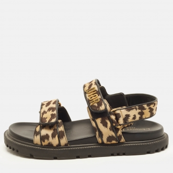 Pre Owned Dior Dioract Size 40.5 Dark Brown/Beige Leopard Print Fabric Flat Slingback Sandals