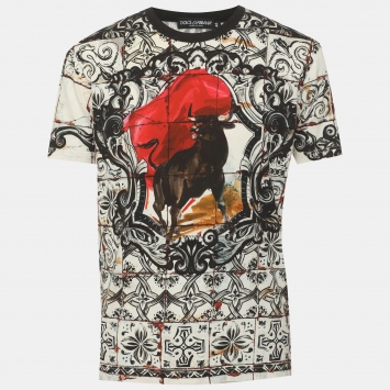 Pre Owned Dolce & Gabbana Multicolor Majolica Corrida Bull Print Jersey Crew Neck T-Shirt M