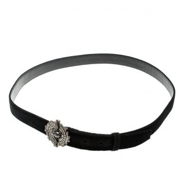 Pre Owned Dolce and Gabbana Black Velvet Bee Buckle Belt 115cm