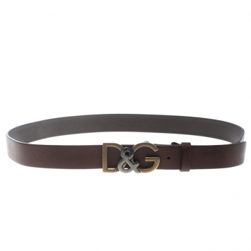 Pre Owned Dolce & Gabbana Dark Brown Leather D&G Buckle Belt 100cm