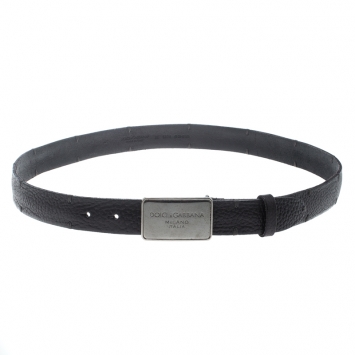 Pre Owned Dolce & Gabbana Black Pebbled Leather Logo Plaque Belt 100cm
