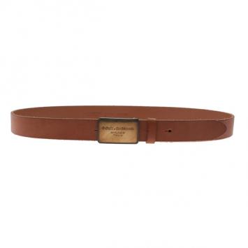 Pre Owned Dolce and Gabbana Beige Leather Logo Plaque Belt 105CM