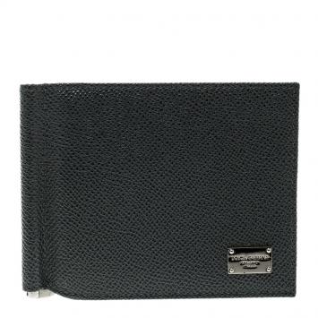 Pre Owned Dolce and Gabbana Dark Grey Leather Money Clip Bifold Card Holder