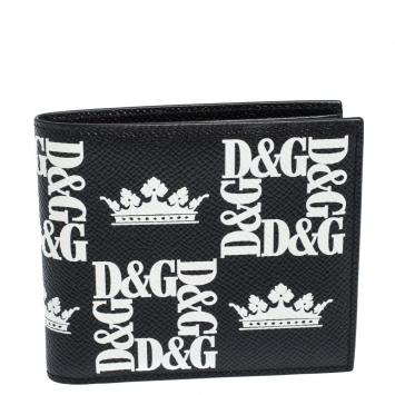 Pre Owned Dolce & Gabbana Black Crown-Logo Print Leather Bifold Wallet