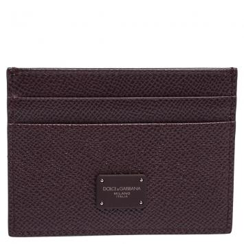 Pre Owned Dolce & Gabbana Burgundy Leather Logo Plaque Card Holder