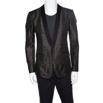 Pre Owned Dolce and Gabbana Gold Grey Metallic Jacquard Satin Trim Tuxedo Blazer M