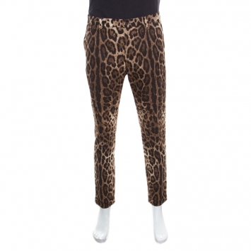 Pre Owned Dolce and Gabbana Brown Leopard Printed Stretch Cotton Tapered Trousers L