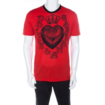 Pre Owned Dolce & Gabbana Red Cotton Jersey Crown Heart Print T-Shirt L