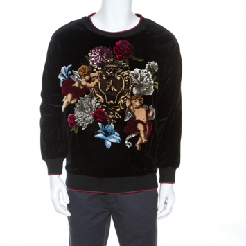 Pre Owned Dolce & Gabbana Black Cupid Floral Pattern Velvet Sweatshirt L