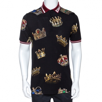 Pre Owned Dolce & Gabbana Black Crown Print Cotton Polo T-Shirt L