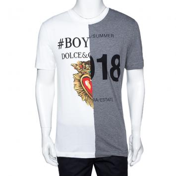 Pre Owned Dolce & Gabbana Two-Tone Print Cotton Jersey T Shirt IT 46