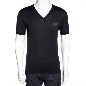 Pre Owned Dolce & Gabbana Dark Blue Cotton Logo Plaque V Neck T Shirt IT 54