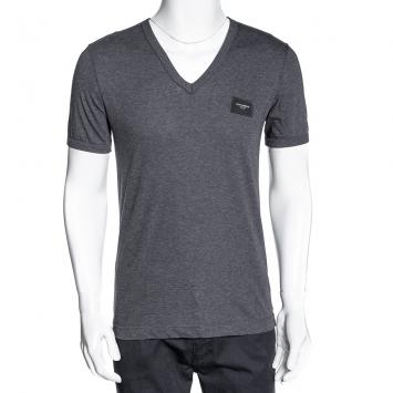 Pre Owned Dolce & Gabbana Grey Cotton Logo Plaque V Neck T Shirt IT 48