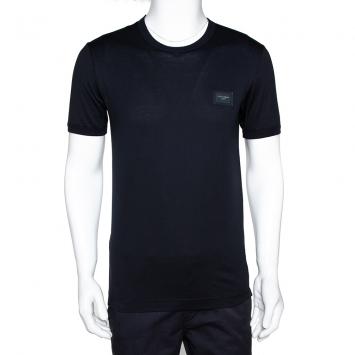Pre Owned Dolce & Gabbana Dark Blue Cotton Logo Plaque Crew Neck T Shirt IT 48