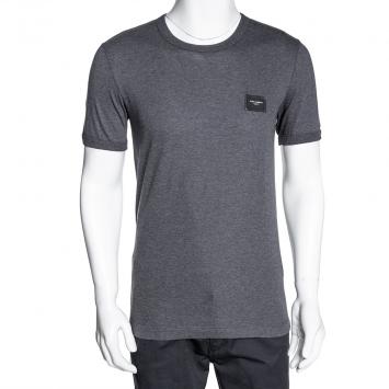 Pre Owned Dolce & Gabbana Grey Cotton Logo Plaque Crew Neck T Shirt IT 52