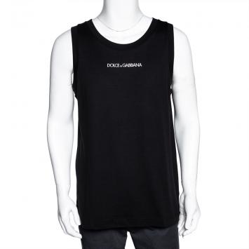 Pre Owned Dolce & Gabbana Black Cotton Logo Sleeveless T Shirt IT 48