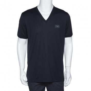 Pre Owned Dolce & Gabbana Dark Blue Cotton Logo Plaque V-Neck T-Shirt XXL