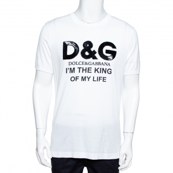 Pre Owned Dolce & Gabbana White Cotton Sequined 'I'm The King Of My Life' T-Shirt L