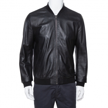 Pre Owned Dolce & Gabbana Black Leather Zip Front Bomber Jacket XL