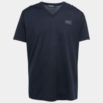Pre Owned Dolce & Gabbana Navy Blue Cotton Logo Patch V-Neck T-Shirt 2XL