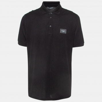 Pre Owned Dolce & Gabbana Black Logo Applique Cotton Short Sleeve Polo T-Shirt XXXL