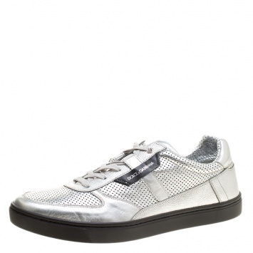 Pre Owned Dolce and Gabbana Metallic Silver Perforated Leather Sneakers Size 45