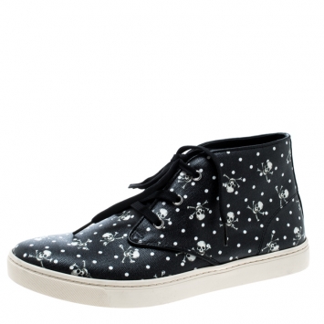 Pre Owned Dolce and Gabbana Black Skull and Cross Bone Print Canvas High Top Sneakers Size 42