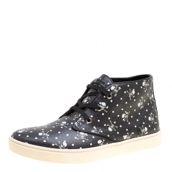 Pre Owned Dolce and Gabbana Black Skull and Cross Bone Print Canvas High Top Sneakers Size 42.5
