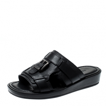 Pre Owned Dolce and Gabbana Black Leather Buckle Platform Slide Sandals Size 40.5