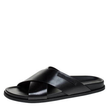 Pre Owned Dolce and Gabbana Black Leather Cross Strap Sandals Size 45