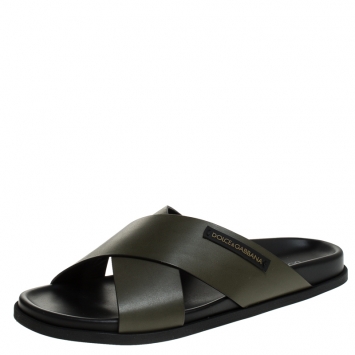 مملوكة مسبقًا Dolce and Gabbana Olive Green Leather Cross Strap Sandals Size 43