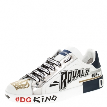 Pre Owned Dolce and Gabbana White/Blue Leather Portofino Royal 10 Sneakers Size 43.5