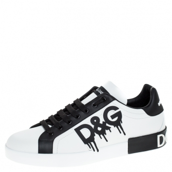 Pre Owned Dolce and Gabbana Black/White Leather Logo Detail Low Top Sneakers Size 40