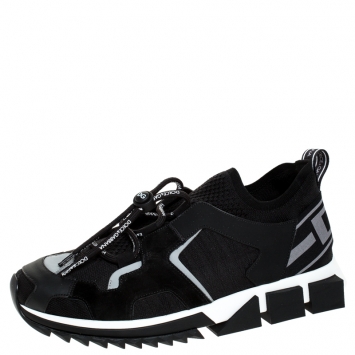 Pre Owned Dolce and Gabbana Black Leather and Mesh Sorrento Trekking Sneakers Size 45