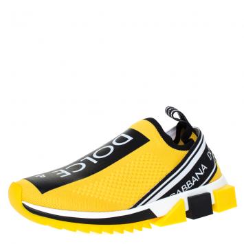 مملوكة مسبقًا Dolce & Gabbana Yellow Stretch Jersey Logo Print Slip On Sneakers Size 43.5
