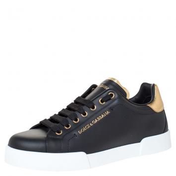 Pre Owned Dolce & Gabbana Black/Gold Leather Lace Up Sneakers Size 40