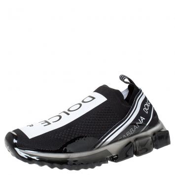 مملوكة مسبقًا Dolce & Gabbana Black Stretch Jersey Logo Print Slip On Sneakers Size 41.5